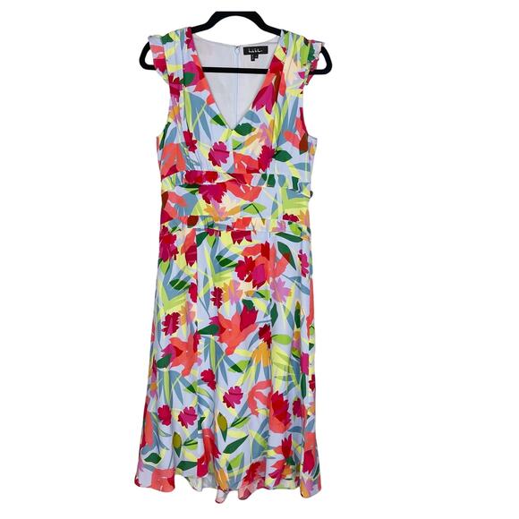 Nicole Miller Small Blue Pink Floral Oasis Silk Ruffle Midi Dress VNeck Cocktail - Picture 1 of 12